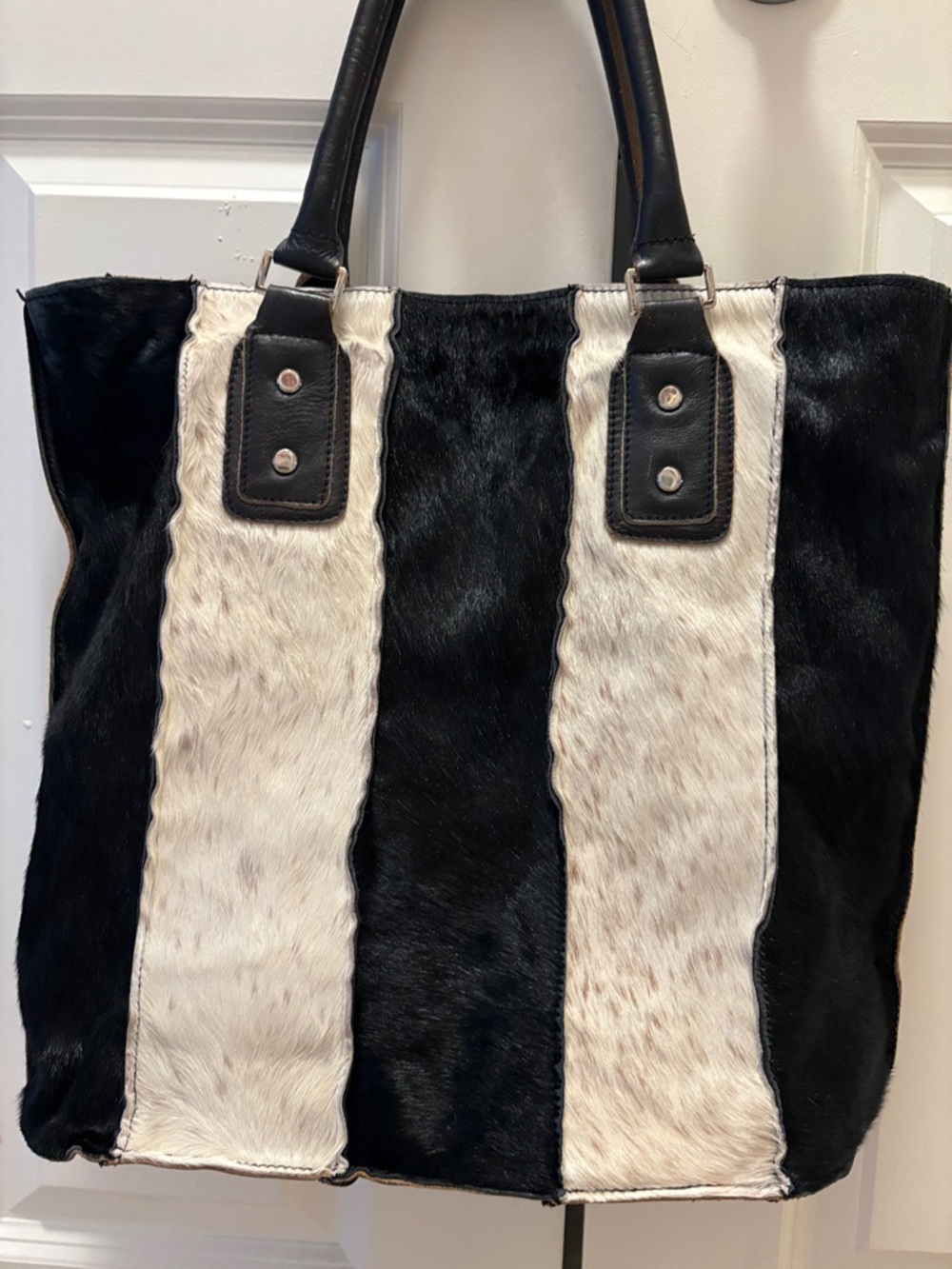 Lionel Hair On Hide Leather Tote Bag Black White Cowhide Made In Mexico